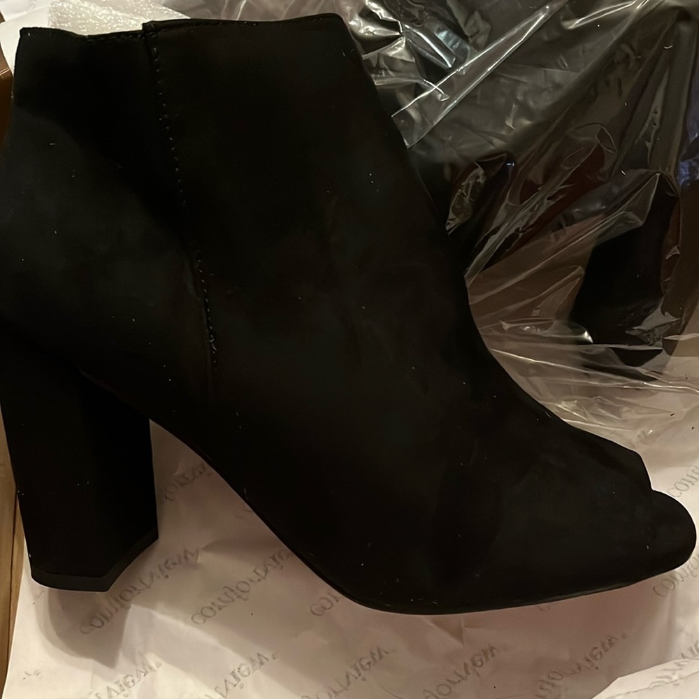 Black velvet open toe ankle boots